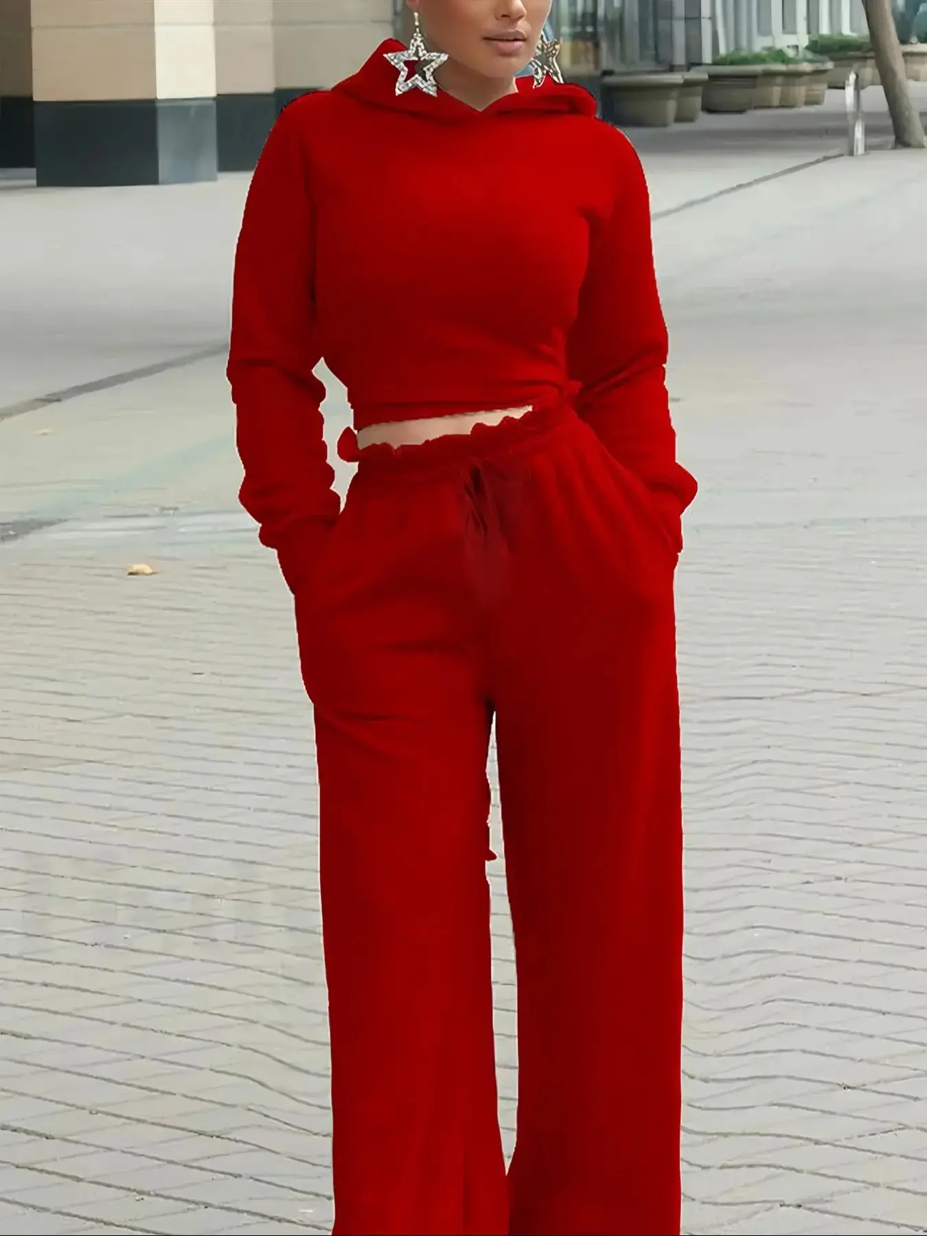 Women's Cropped Hoodie Drawstring Wide Leg Pants Set Short Sleeve Casual Spring Fall Street Style 2026