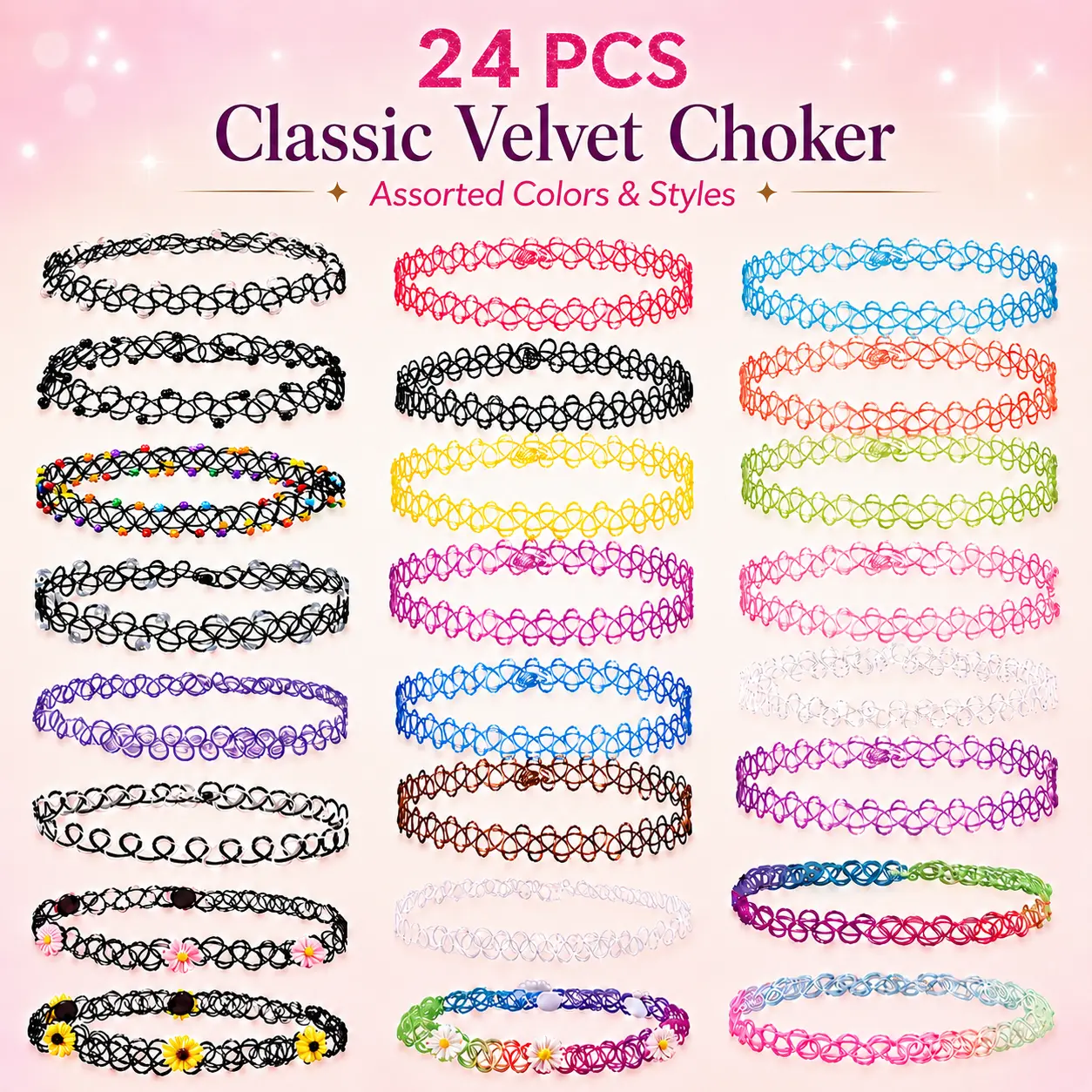 Classic Velvet Choker Necklace Set - 24pcs Multi-Color Ribbon Collars for Women Classic Velvet Choker Necklace Set - 24pcs Multi-Color Ribbon Collars for Women