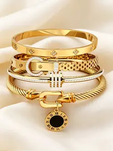 4-piece luxury stainless steel bracelet set, women's gold-plated rhinestone decorative bracelet combination, classic wrist accessory, perfect combination, exquisite holiday gift, High Quality Bracelet, Elegant Jewelry Bracelet