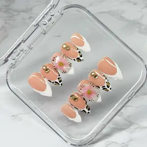 Leopard Petals - White Cheetah Leopard Animal Print French Tips 3D Gel Glass Flower Hand Made Press On Nails Set - 10 pcs Custom Sizing, Glue, Tabs, File & More - Extra Short Length Available