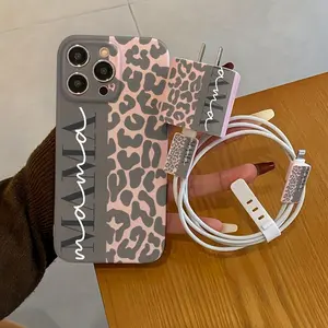 5 Piece Set Mama Leopard Print Phone Case, Charger Head Cover, Cable Protector, Storage Rope, Anti-Drop Shockproof Tpu Protection for iPhone Xxs X R XS Max 11-16 Pro Max