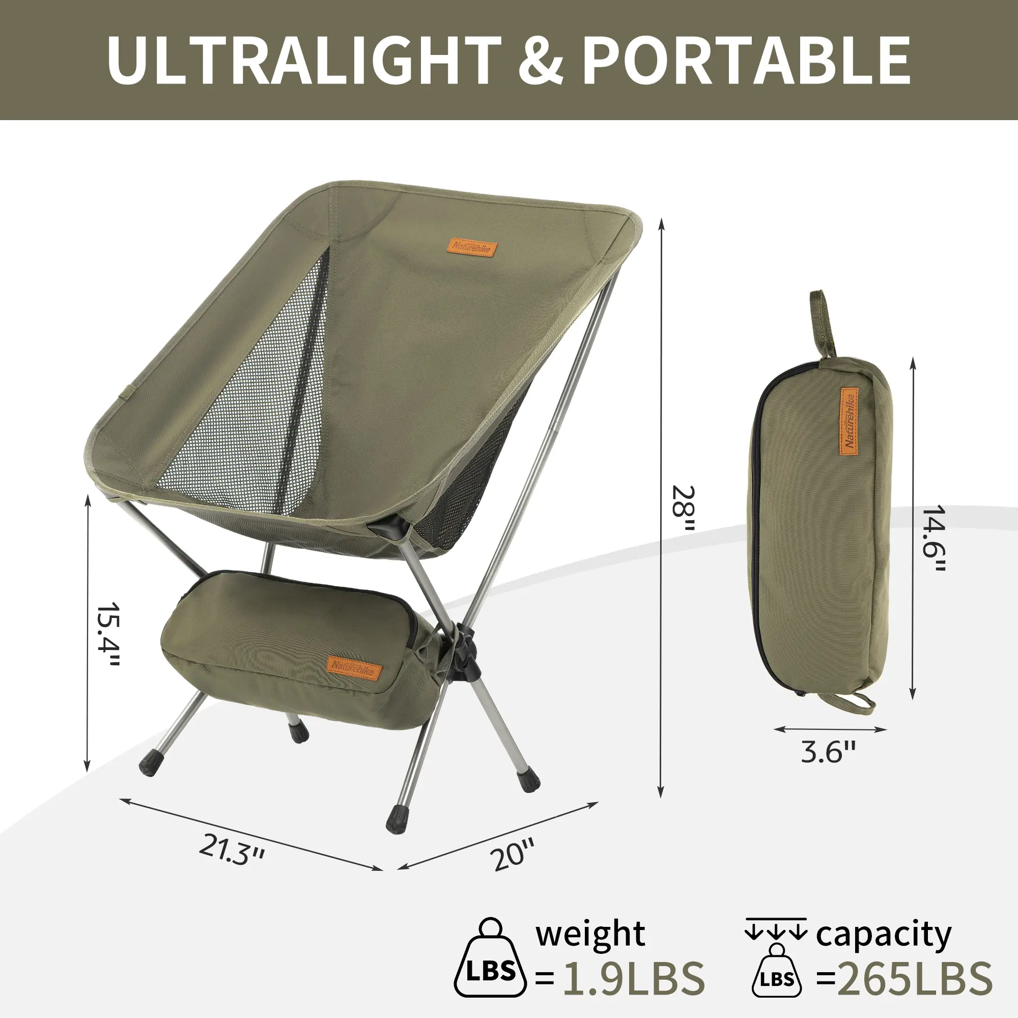 Naturehike YL08/09 Lightweight Reclining Camping Chair - 2.12 LBS Small/Medium, Foldable Frame, Compact Carry, Portable with Anti-Sink Feet, Camping Gear for Outdoor Trips