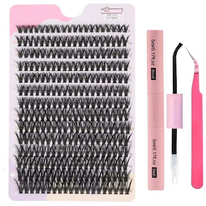 280 pcs 40D 9-16mm Mix D curly hair cluster eyelash set, Eyelash Cluster Kit, soft natural false eyelashes, double head glue and tweezers Eyelash Extensions