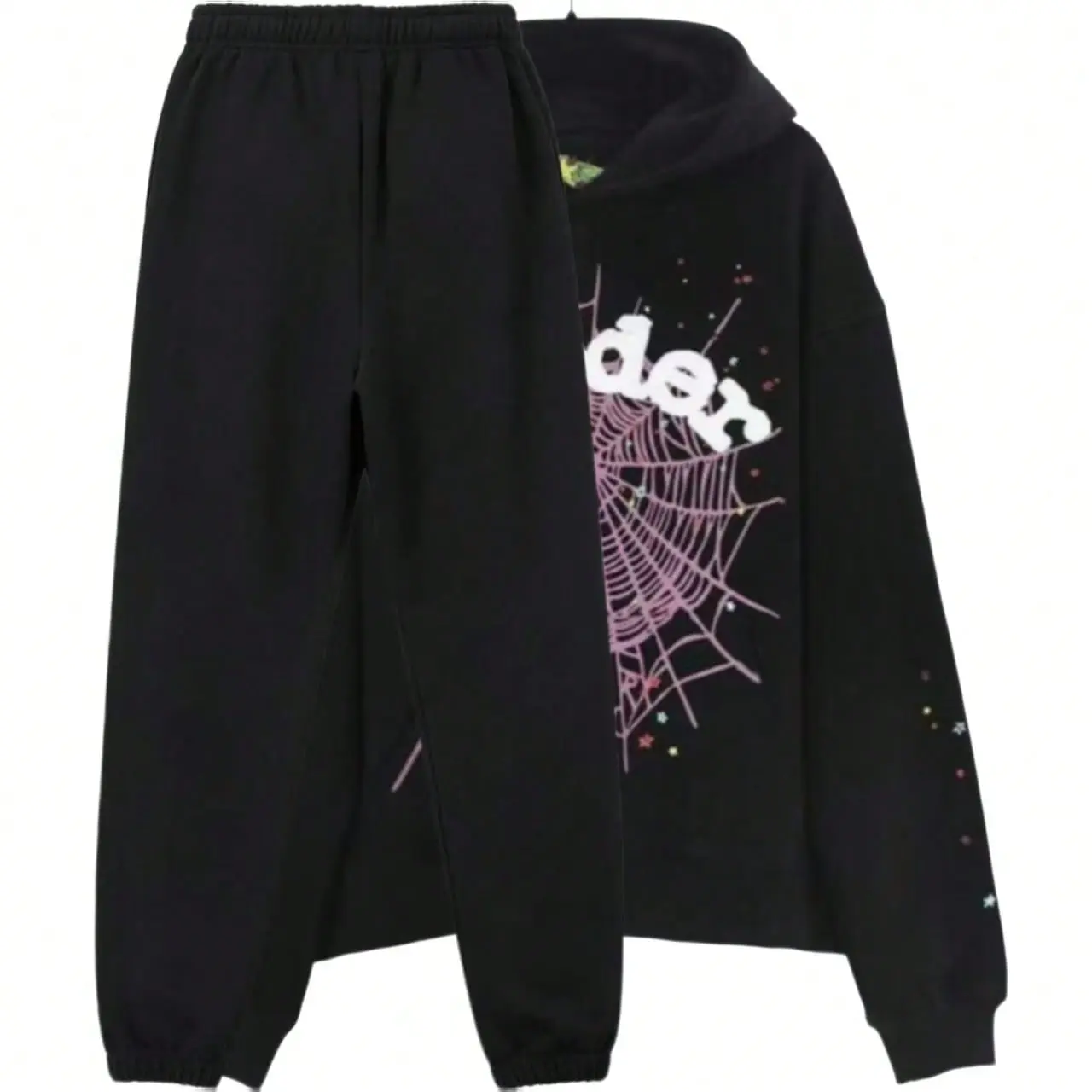 Men's and women's street punk oversized hooded sweatshirt sets, spider web rhinelstone hooded sweatshirts, hip-hop fashion letter aesthetic sweatshirts, gender neutral sets, couple sets