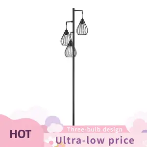 68.5” Dimmable Floor Lamp, Industrial Farmhouse Floor Lamps with Elegant Teardrop Cages, Rustic Floor Lamps Black Tall Vintage Pole Lamps for Living Room Bedroom Office, 3 LED Bulbs Included