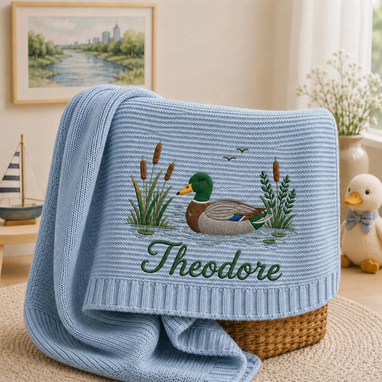 [Made-to-Order] Personalized Embroidered Mallard Duck Baby Blanket, Custom Waterfowl Knit Blanket with Name, Duck Nursery Gift, Nature Baby Shower Keepsake