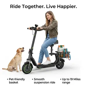 Electric Scooter with Seat & Basket, 350W Motor, 8.5" Tires, 5.2-9Ah Battery, Up to 19 Miles Range, Front Suspension, APP Control, Perfect for Pet Walks & Daily Commutes