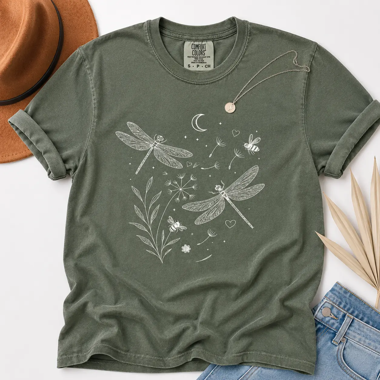Women's Vintage Dragonfly & Floral Printed Short-Sleeve Round Neck Cotton T-Shirt, Casual Streetwear Tops, Flower Lover Gift Clothes
