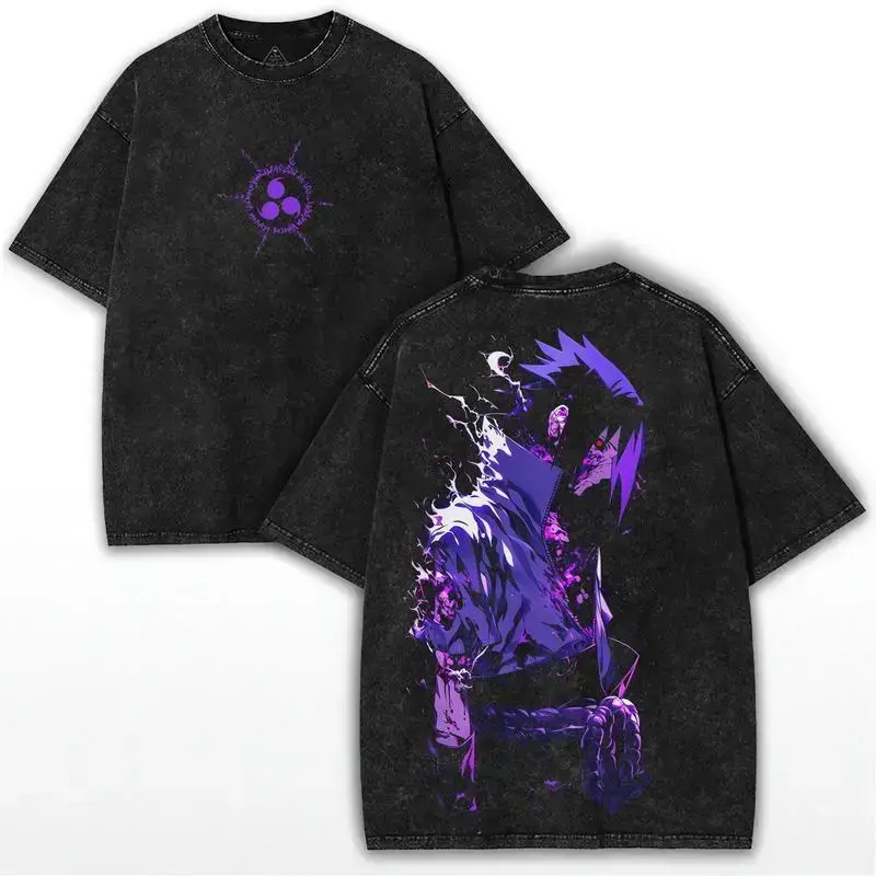 Mysterious Black Hair Anime Ninja Graphic Tee - Stylish Unisex Washed Shirt, Comfortable Cotton Fit with Bold Anime Print Design, Perfect for Streetwear Vibes