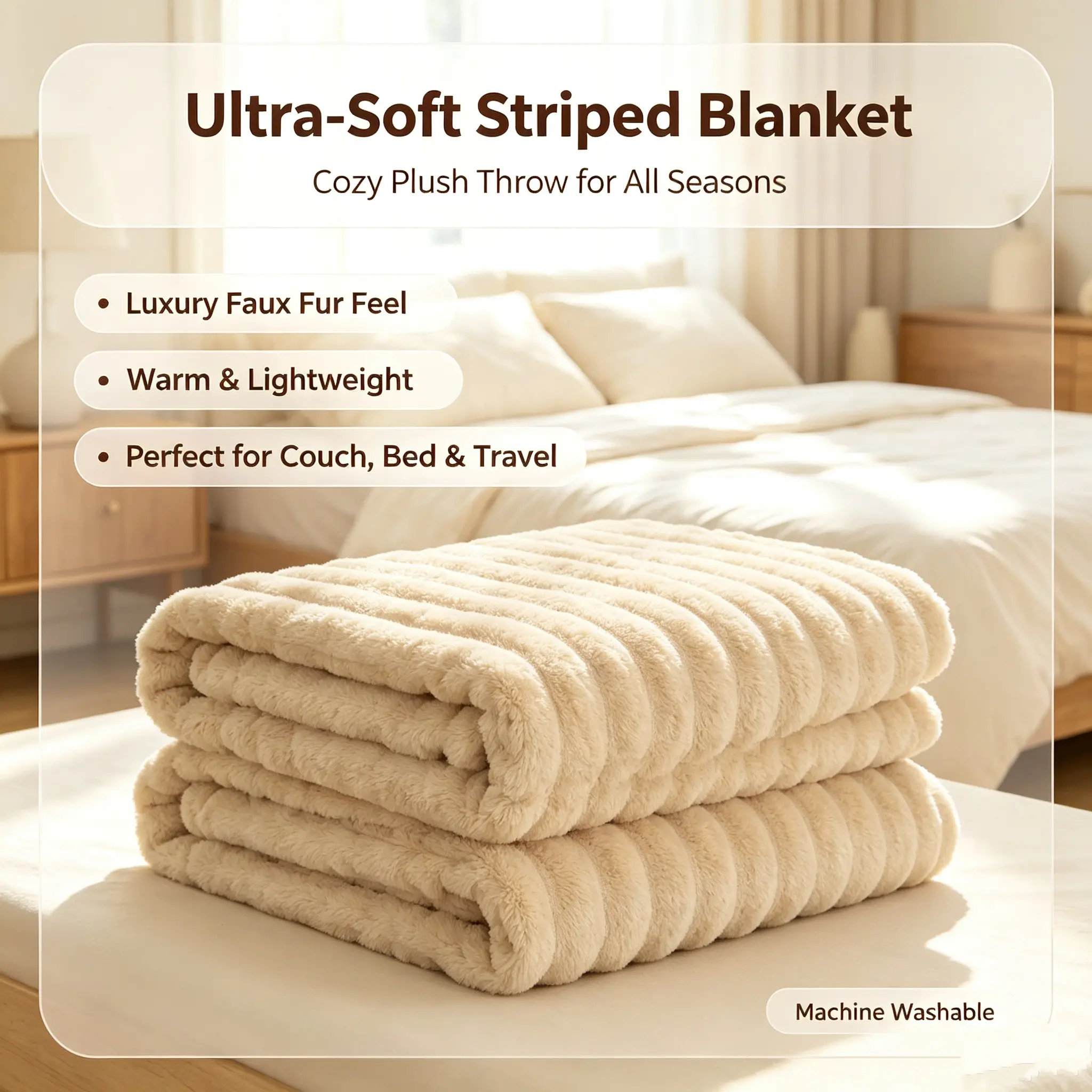 Ultra Soft Ribbed Striped Fuzzy Throw Blanket, Warm Fluffy Plush Blanket for Sofa Bed Couch, All Season Cozy Home Decor Blanket
