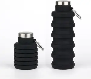 Collapsible Water Bottles,16oz Capacity Portable Reusable Silicone Water Bottle,Leak-proof,with buckle,foldable storage,Lightweight Durable for Fitness,Cycling,Sports,Camping,Hiking (Deep Black)