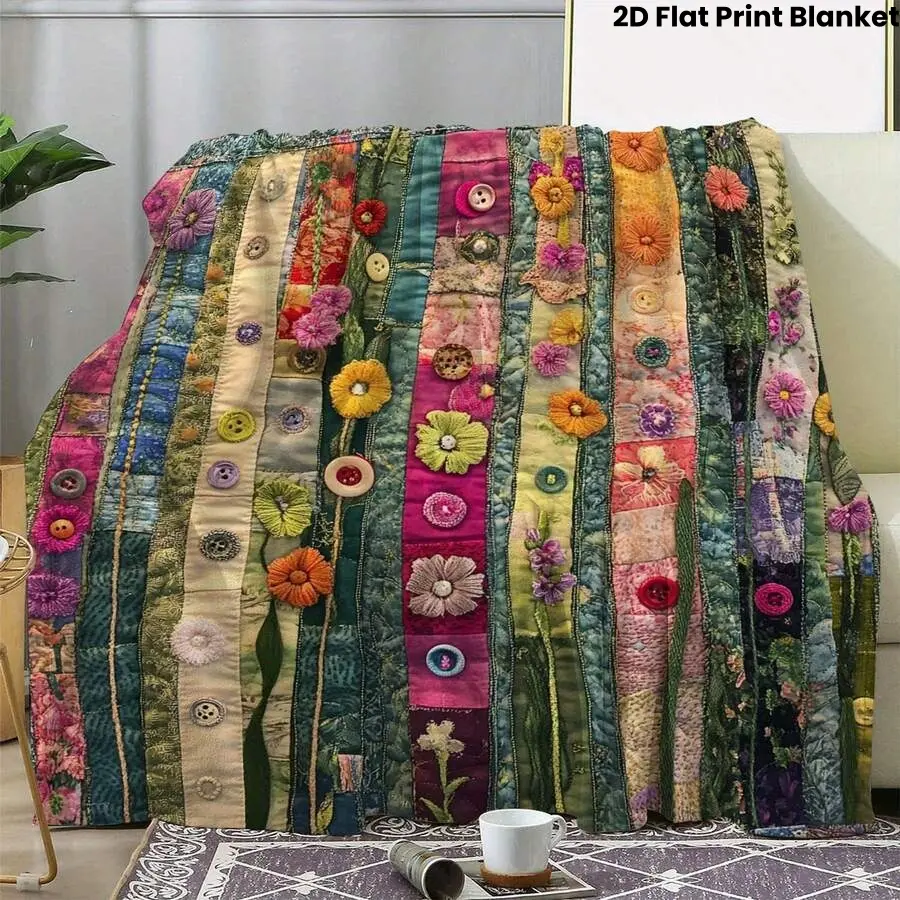 【Blanket】Vertical Stripe Floral Button Flat Print Flannel Blanket Soft Warm Throw Plush Blanket Boho Cottagecore Colorful Flower Fabric Splicing Bedroom Couch Nap Blanket Giftable Handmade Style Floral Patchwork Blanket For Room Party Day Gift Popula
