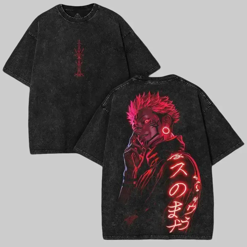 Men's Oversized Washed Heavy Cotton Neon Red Ryomen Sukuna Jujutsu Kaisen Graphic Tee, Menswear Top, Double-Sided Big Bold Prints, Anime Collector Essential Short-Sleeve T-Shirt Crewneck Tshirt Streetwear