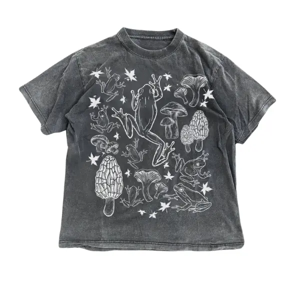 Unisex Printed Vintage Round Neck T-Shirt - Casual Cotton Short-Sleeve Top with Frogs, Mushrooms, Retro Botanical Designs - Cottagecore, Goblincore, Dark Academia Aesthetic - Gift for Frog Lovers - S-3XL Men's/Women's Streetwear Tops
