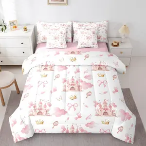 Feelyou 7-Piece Microfiber Bedding Set - Queen Bedding Sets for Kids, Pink Castle Motifs, Bowknot Comforter, Breathable Cover, Breathable Sheets