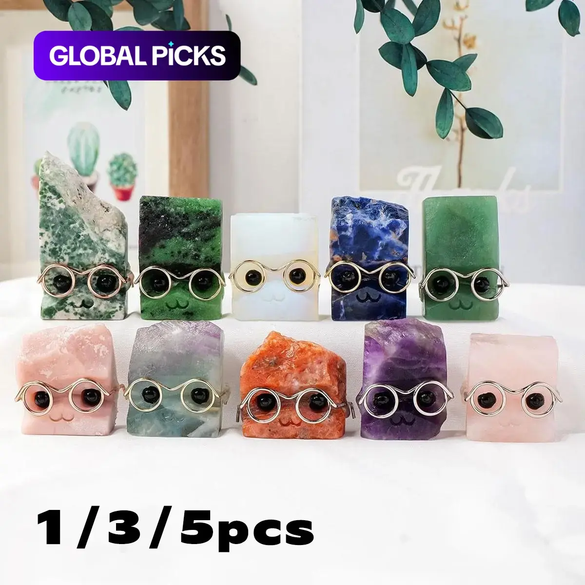 Random-Color Natural Crystal Gemstone Pet Figurines with Glasses, Natural Crystals Figurines, 1/3/5 Counts DIY Handmade Unique Crystal Design Carved Feng Shui Sculptures, Pet Memorial Ornaments for Home Garden Decor #GLOBAL PICKS