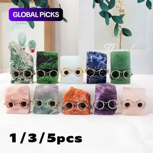 Random Color Natural Crystal Gemstone Pet Figurines with Glasses, Unique Crystal Design, 1/3/5 Counts DIY Handmade Crystal Carving Fengshui Sculptures, Pet Memorial Ornaments, Home Garden Decor Natural Crystal Set #GLOBAL PICKS