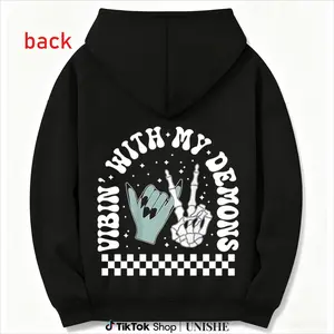 Unisex Black Halloween Hoodie – Skeleton Design Front & Back, Good With My Demons Theme, Long Sleeve