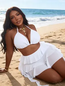 Women's Plus Size New Halter Tie Triangle Cup Mesh Bikini Set, Halter Neck Swimwear, Perfect for Beach, Pool, and Sea, European and American Style