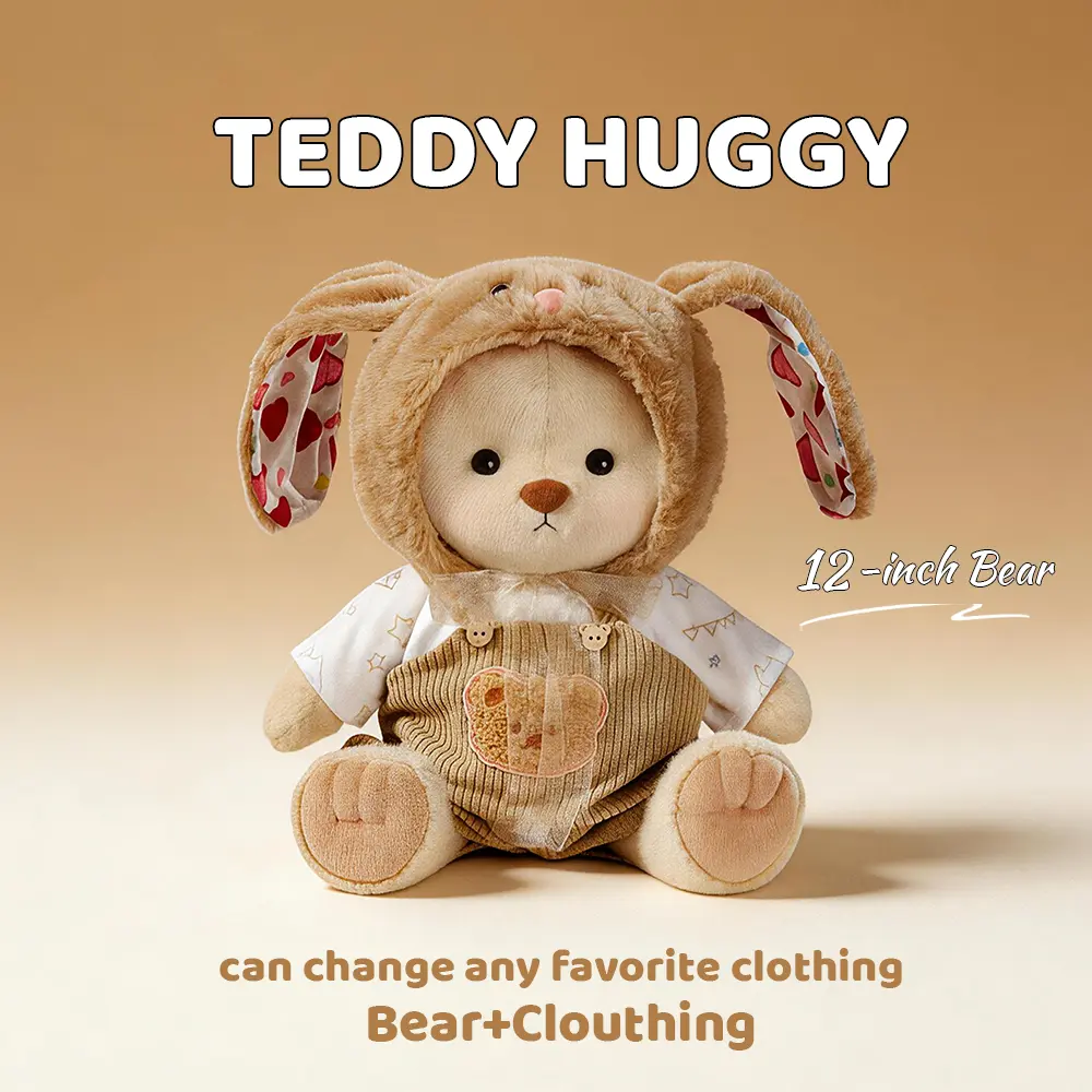 TEDDY HUGGY Brown Long Ear Bunny Overall Outfit - Fashion Collection for 12-Inch Plush Bears, 3-Piece Teddy Bear Clothes Set，, Huggable Stuffed Animal & Fluffy Stuffed Toys Fashion Collection，Rabbit Hat