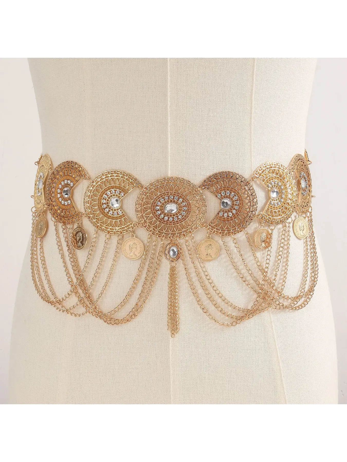Retro Tang style Dunhuang Feitian Hanfu waist chain exotic ethnic style accessories belly dance tassel geometric coin belt Exquisite Belt Fashion Belt Statement Belts Adjustable Waist Belt Metal Waistband