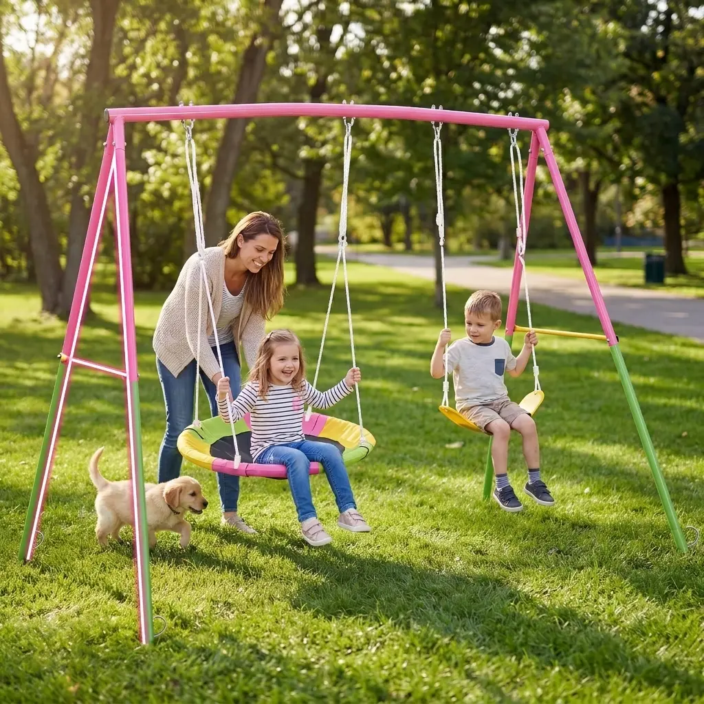 Heavy-Duty Outdoor Swing Set, Metal A-Frame with Adjustable Saucer Swing, Weather-Resistant Playground Swing for Backyard & Park