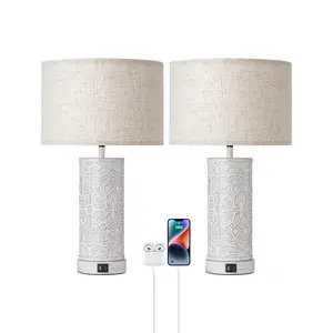 EDISHINE Modern Farmhouse Table Lamp 21.65" 3-Way Dimmable with Night Light & USB Ports  for Bedroom with 3-Level Brightness Adjustable LED Night Light and 2 USB Charging Ports-HLTL09D