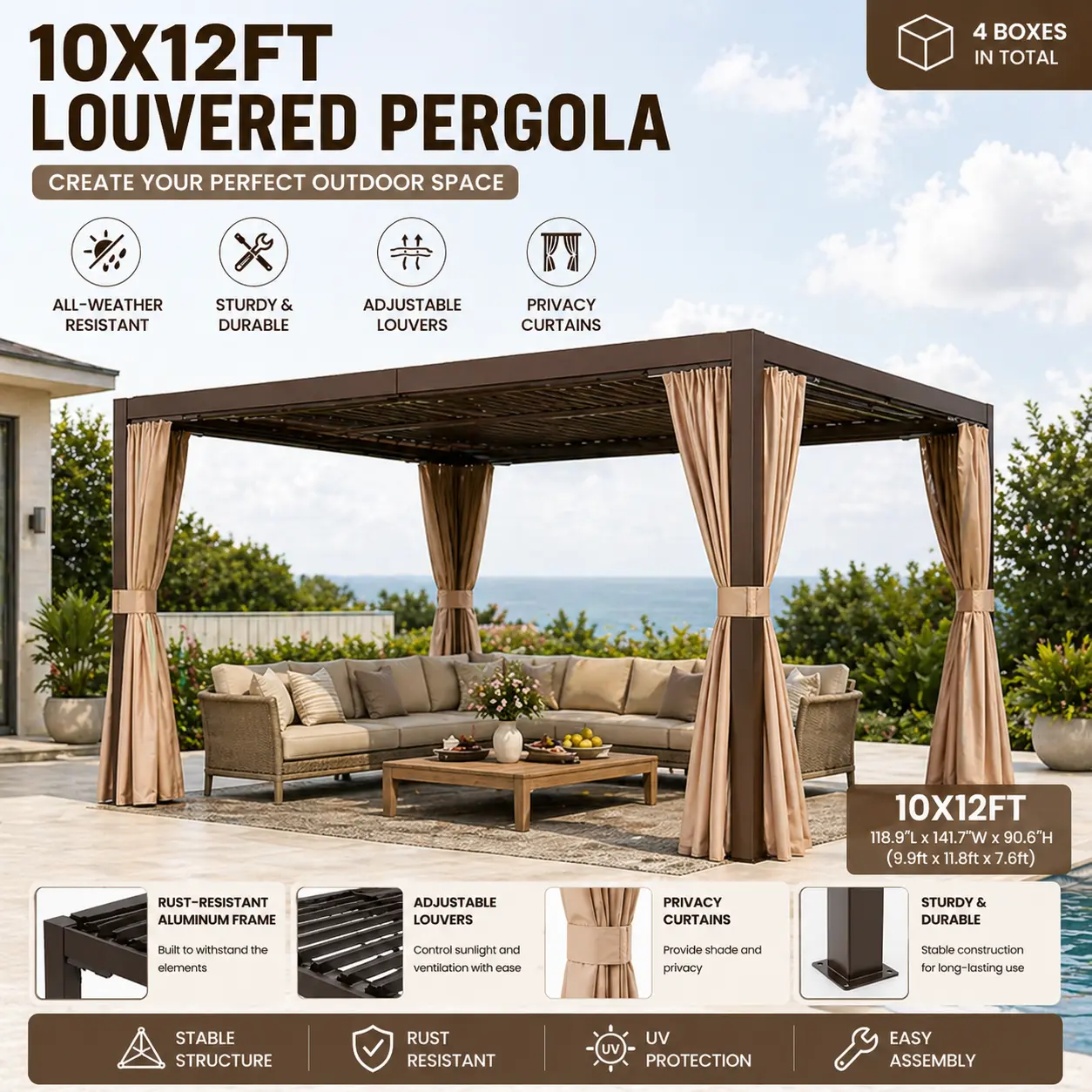 Aluminum Louvered Pergola 10x12 FT Dual Adjustable Roof OutdoorHardtop Canopy Brown Shade Structure with Integrated Gutter System Rust Resistant All Weather Frame for Backyard Deck Patio Makeover Poolside Oasis furniture tiktokshopspringglowup