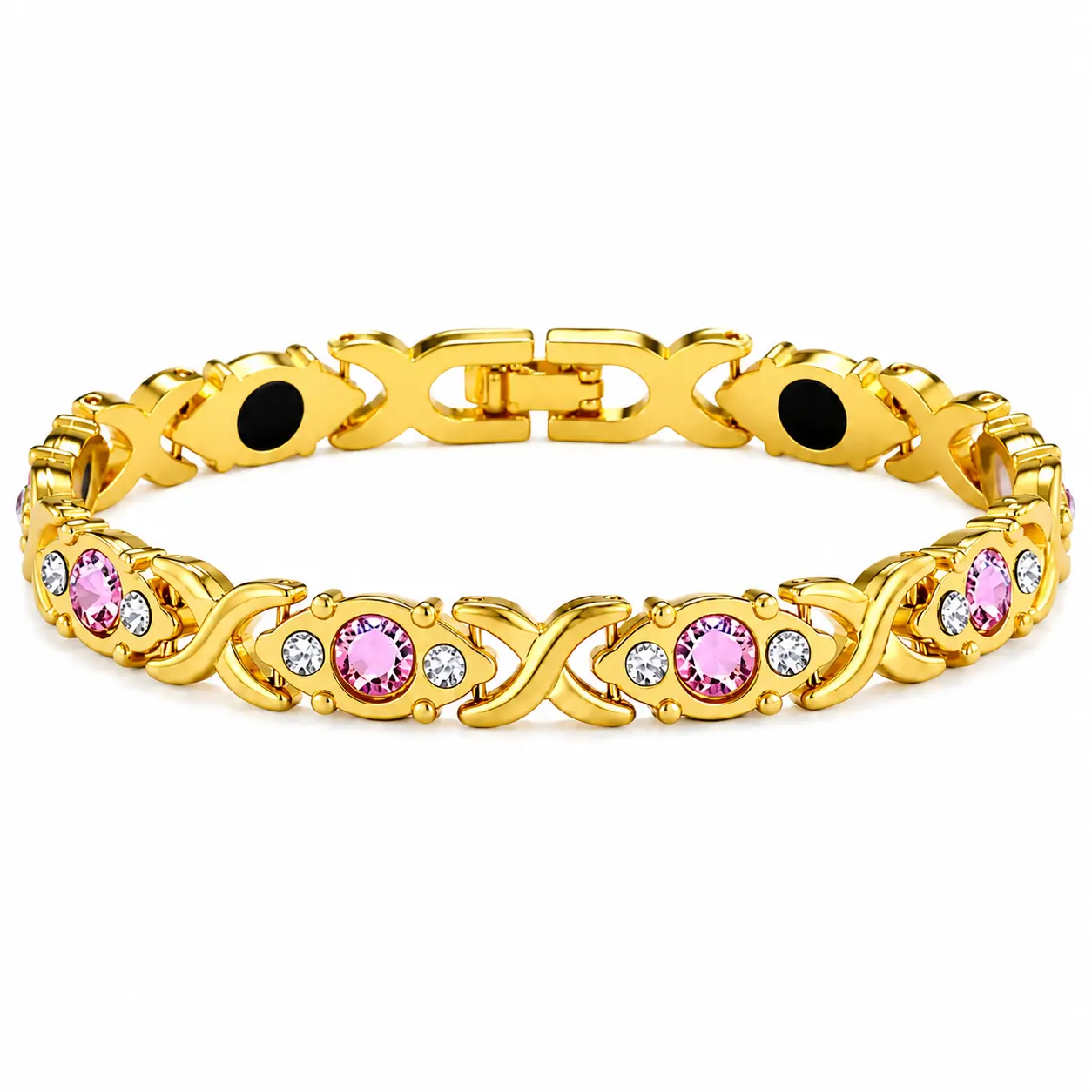 Rose Gold Tone XOXO Bracelet for Women, Pink Cubic Zirconia Stainless Steel Magnetic Clasp Fashion Jewelry Gift, Alloy Metal, Daily Wear Jewelry