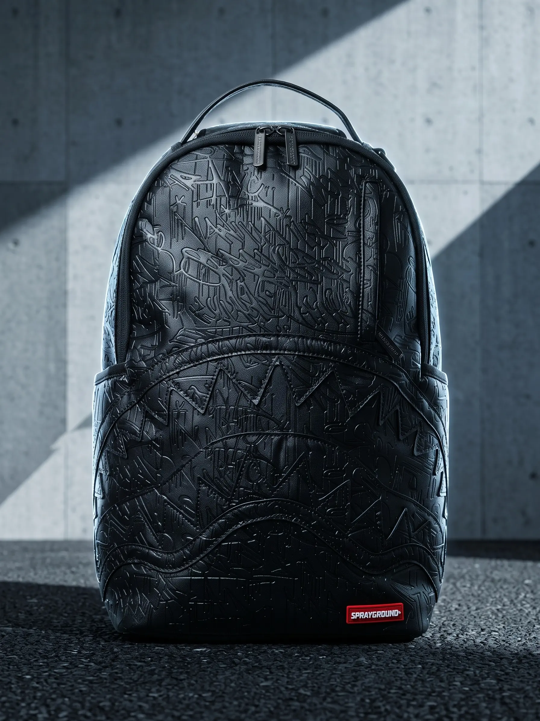 SG Black Embossed Graffiti Shark-Mouth Laptop Backpack - Unisex Large-Capacity Hip-Hop Streetwear Daypack for School Travel