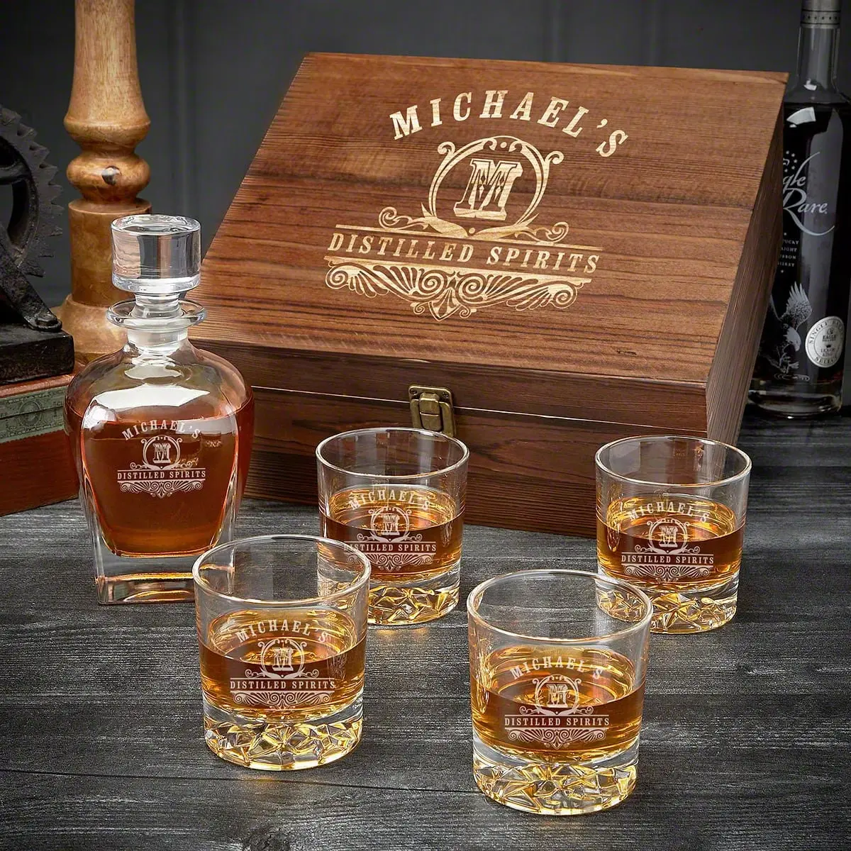 Personalized Draper Whiskey Decanter With 4 Glasses and Wood Box