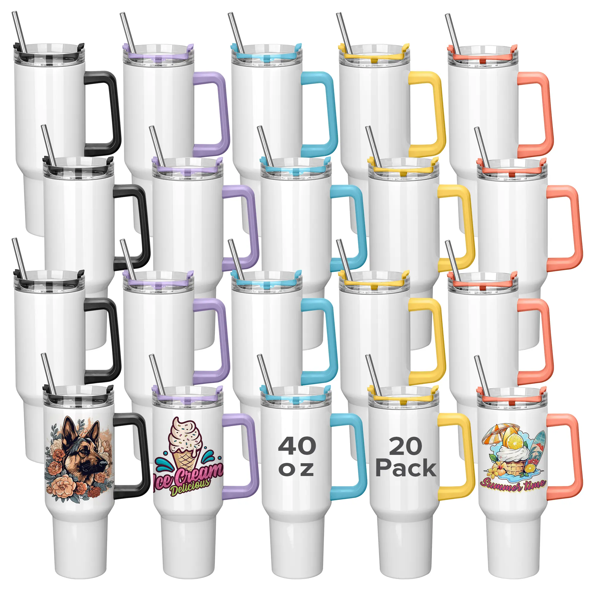 FASTSUB 40 oz Sublimation Vacuum Flask Tumbler - Stainless Steel Insulated Leak-Proof Water Bottle with Coated Surface, Removable Handle, Easy Grip, Lid, Straw, Double Wall Design, Portable Drinkware (12/20 Multiple Packs), Flasks, 40Oz