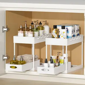 2 Pack 2 Tier Under Sink Organizer Sliding Storage Drawer with hooks Kitchen Bathroom Cabinet Pull Out Cabinet Organizer Slide Out Sink Shelf & Cabinet Organizer fairly sturdy fantastic quality ascetically pleasing simple assembly