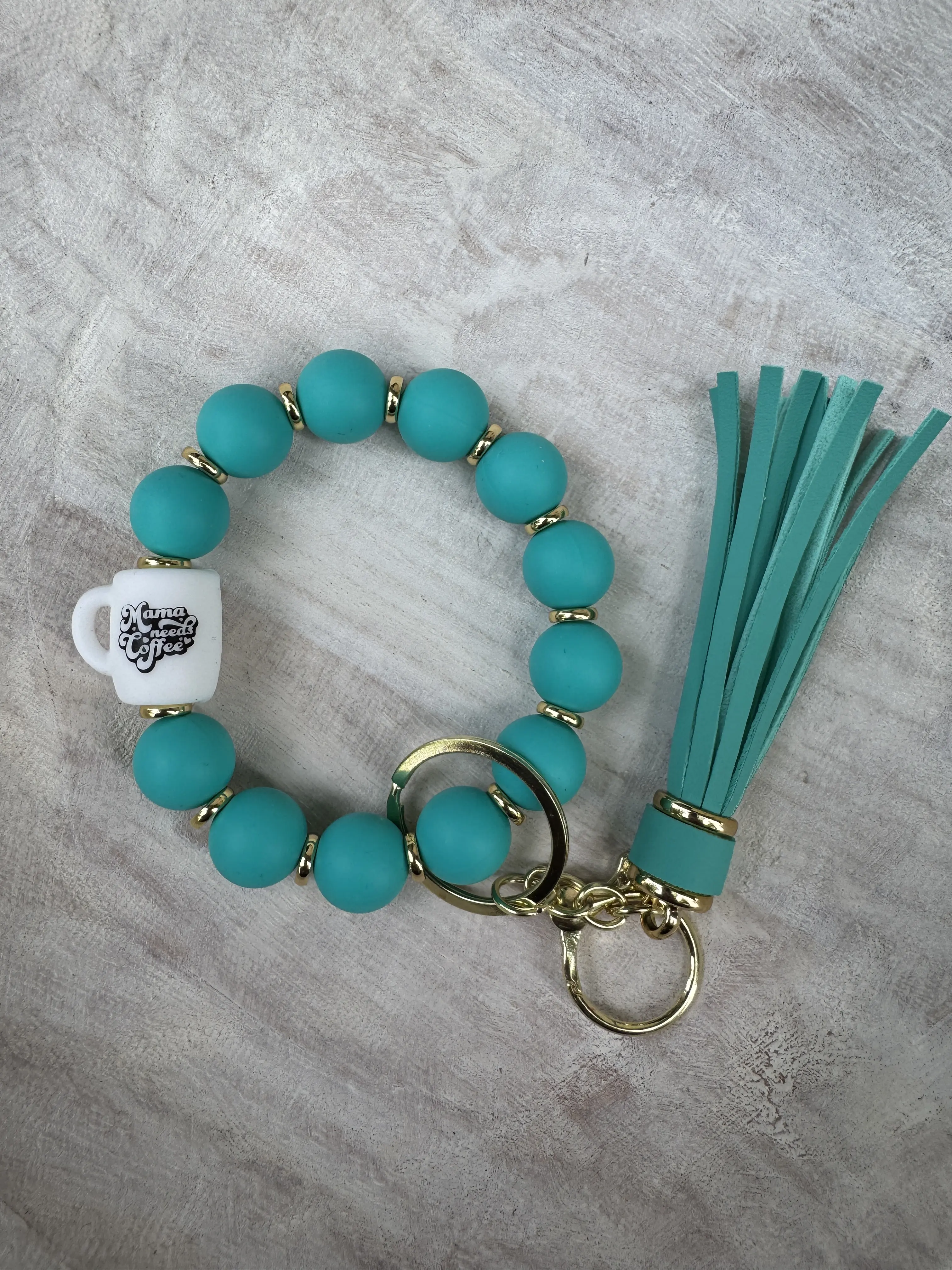 Mama Needs Coffee - Teal Keychain Wristlet with Tassel