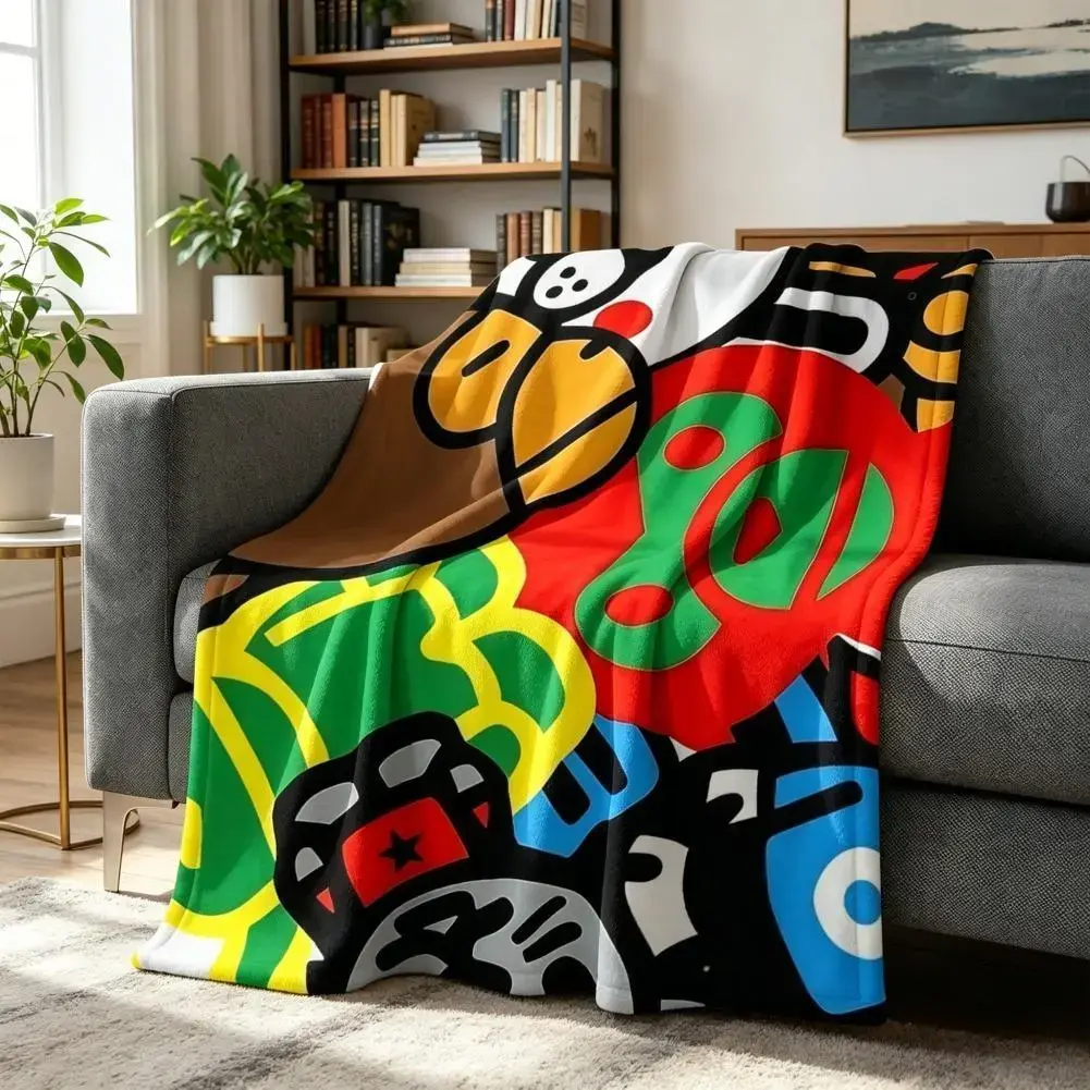 Colorful Patchwork Blanket, Streetwear Character Graphic Dorm Throw for Teen Space, Flannel Office Nap Cover, Camping Chair Layer, Sofa Lounge Art Decor, Cool Gift for Men Women, Cozy Bedroom Wall Accent Blanket