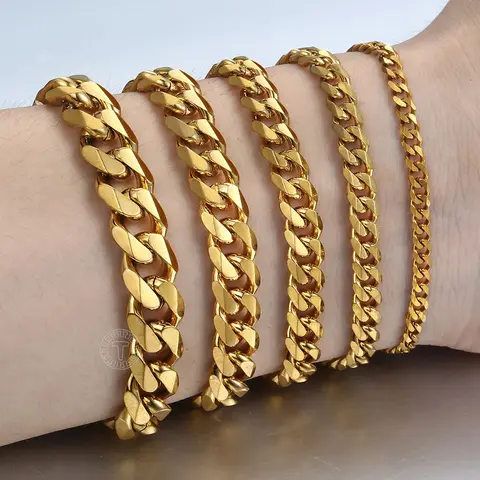 3/5/7/9/11mm Width Gold Color Bracelet for Men Women Stainless Steel Cuban Chain Bracelet 7inch-10inch Anniversary Graduation