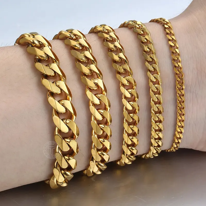 3/5/7/9/11mm Width Gold Color Bracelet for Men Women Stainless Steel Cuban Chain Bracelet 7inch-10inch Anniversary Graduation