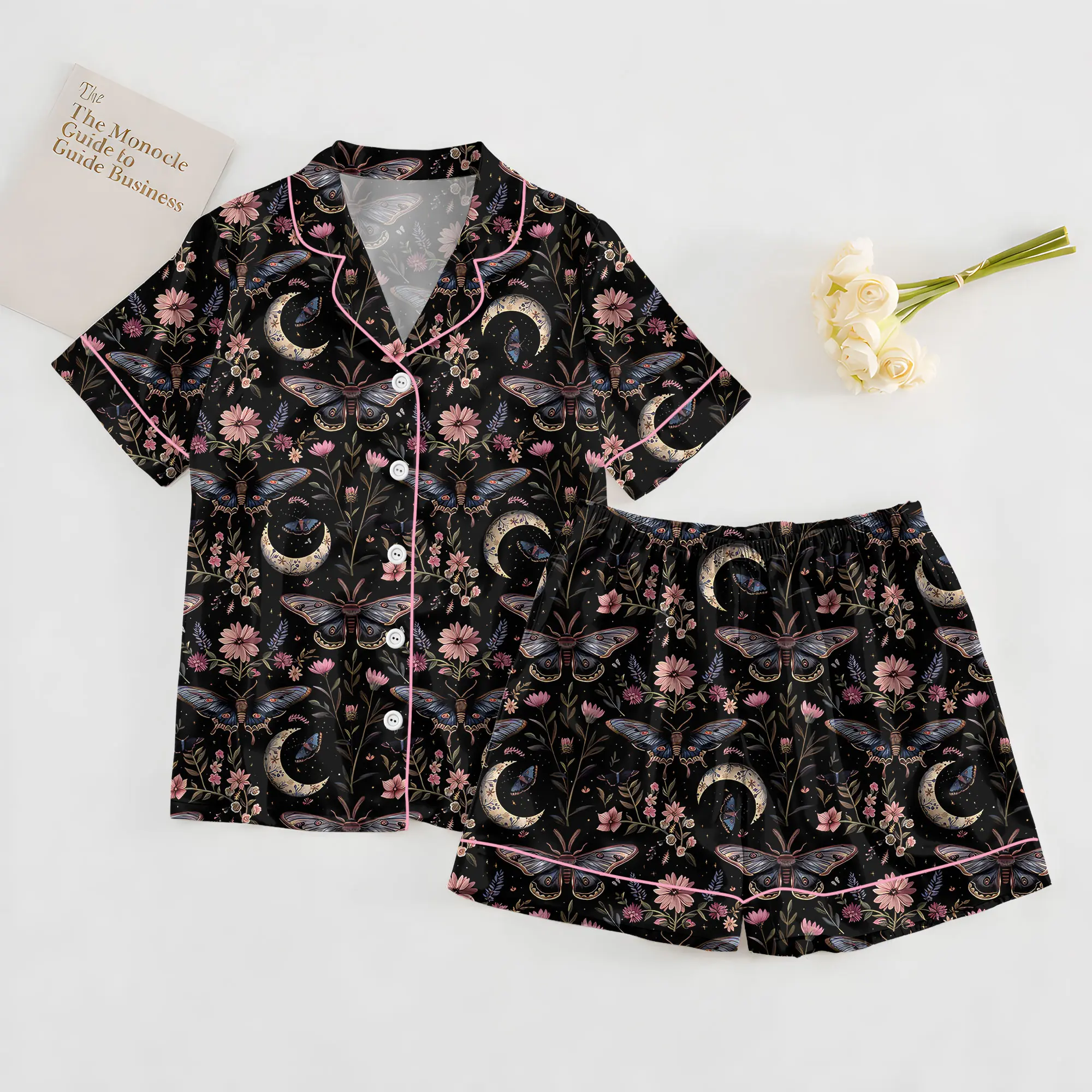Witchy Floral Satin Pajamas Set,Night Garden Mystical Moth Magic Witchy Floral Satin Pajama Set, Halloween Magic Witchy Floral Pajama Sleepwear, Nighwear Set for Her