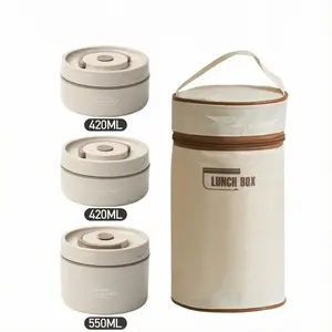 Insulated Lunch Box Set with 3 Stainless Steel Bowls 420ML & 550ML Insulated Bag Microwave Safe for School Office Outdoor Camping Tableware