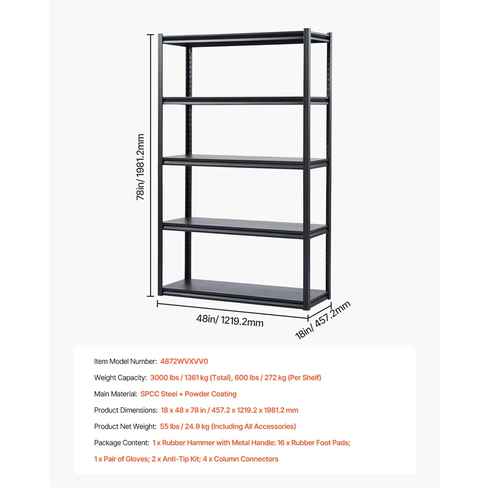 VEVOR Storage Shelves 18" D x 48" W x 78" H 5-tier Garage Storage Shelving