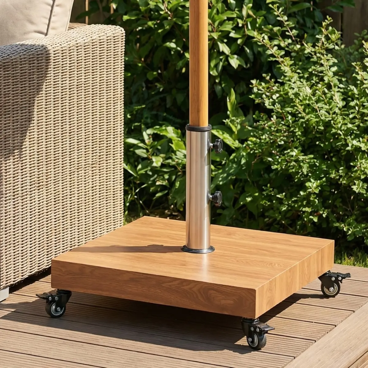 17.72"L*17.72"W*17.13"H Square 56.99LBS Wood‑Grain Iron‑Covered Concrete Umbrella Base, Mobile Brake Universal Wheels Stainless Steel Post for 32‑48mm Poles