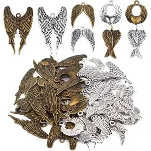 40pcs 4 Styles Angel Double Wing Charms Tibetan Style Alloy Fairy Wing Feather Bead Pendants Ornaments for DIY Craft Earring Necklace Jewelry Making Findings, 2 Colors