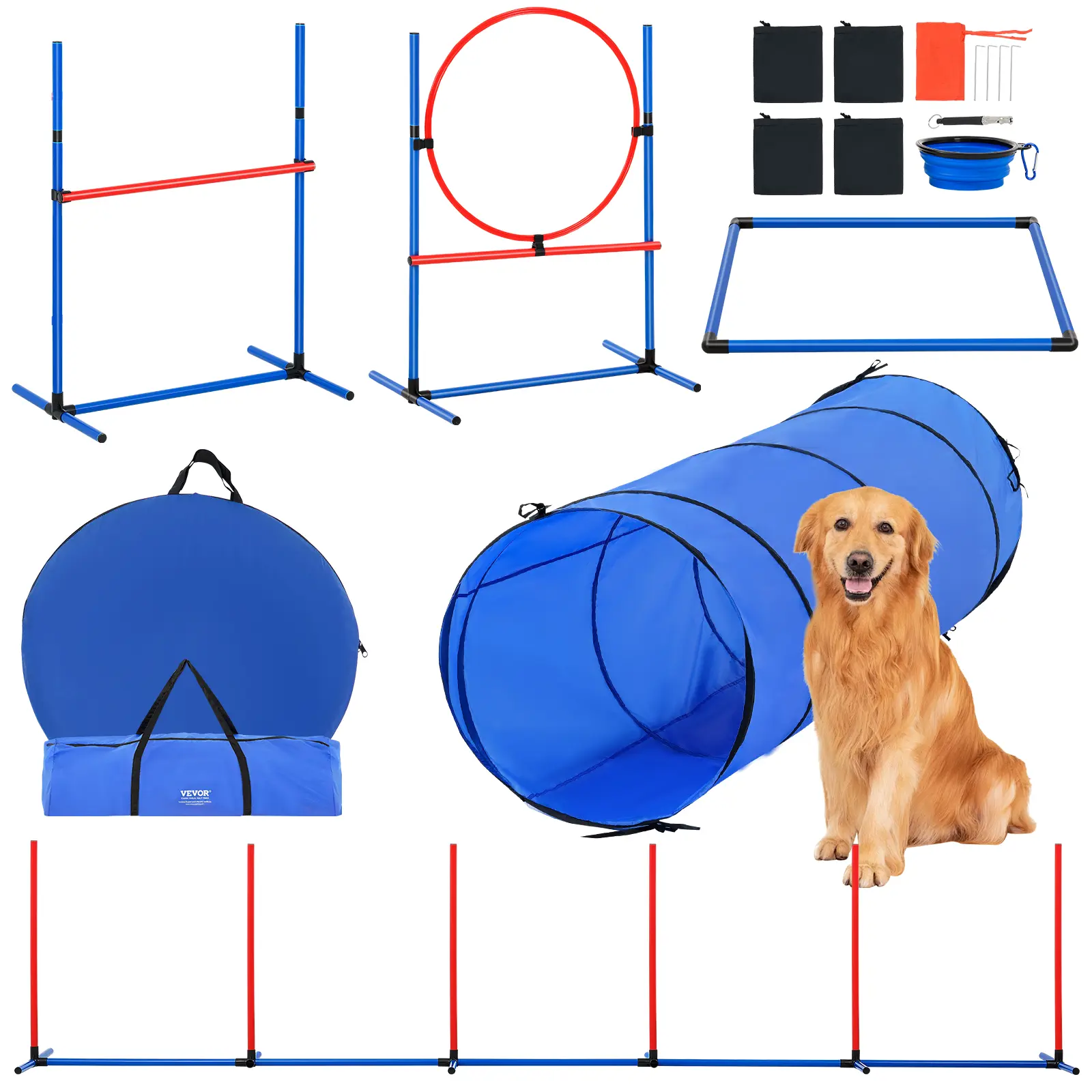 【summerfinds】VEVOR Dog Agility Training Equipment Kit, 5 PCS Set with Adjustable High Hurdles, 6 Weave Poles, 78.74-inch Tunnel, 23.62-inch Jump Ring, Pause Box, Whistle, Foldable Bowl, Storage Bags to Enhance Agility, Pvc/Polyester, Clips, Detachable