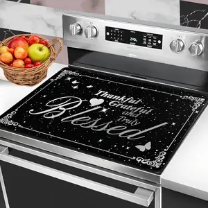 1pc Black Gold Stove Top Cover for Electric Stove, Thankful Grateful Blessed Inspirational Stove Protector Mat, Heat Resistant Non-Slip Kitchen Stove Cover, Farmhouse Religious Stove Top Decor for Glass/Induction Stove