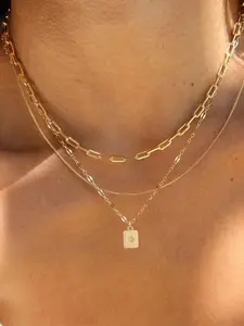 3 Piece Trendy Grid Paperclip Box Chain Necklace Set, Trendy Jewelry, Minimalist Rectangle Pendant with Sparkling Star Artificial Zircon