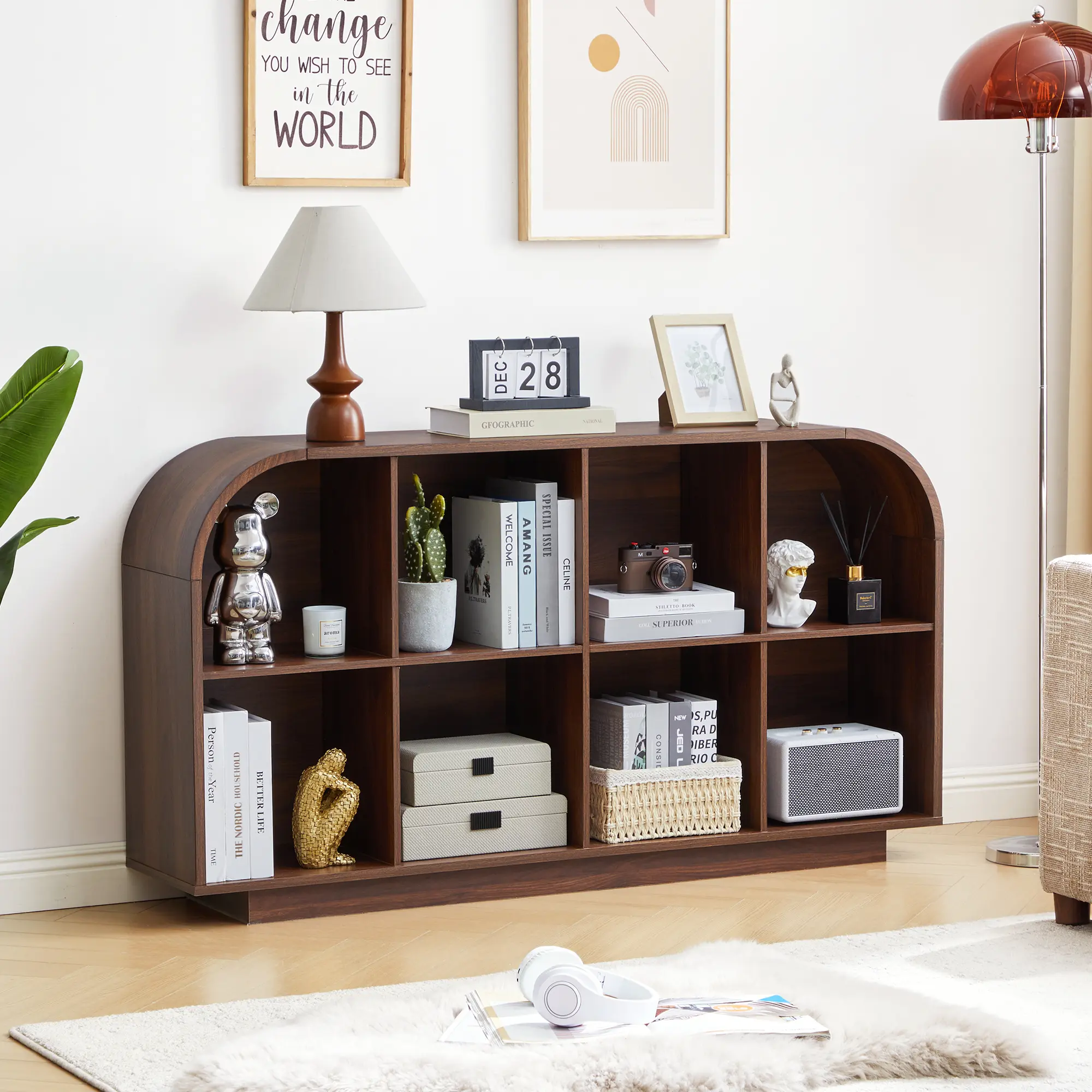 Giratree 8 Cube Storage Organizer, 2-Tier Low Bookcase 55.1" L, | Wooden Bookshelf with Curved Edge Modern Display Storage Cabinet TV Stand for Living Room Office Entryway