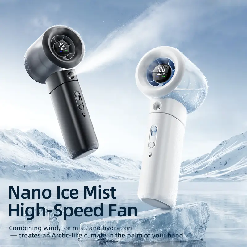 Nano Ice Mist High-Speed Fan Portable Handheld with Ice Pack Function Foldable 100-Speed Adjustable Wind Speed Rechargeable Pocket Fan for Business Trips and Travel