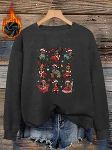 Women's Christmas Pug Print Sweater, Long Sleeve Round Neck Pullover, Soft Elastic Fabric, Casual Fall & Winter Top, Daily Wear