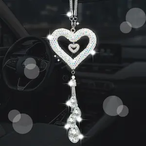 Heart-Shaped Rhinestone Car Pendant, Luxurious Sparkling Rearview Mirror Charm, Tassel Crystal Design, Three Colors Available, Women's Car Decor, Car Hanging Decoration, Car Interior Decoration, Car Ornament, Car Interior Accessory