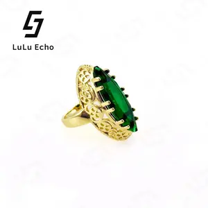 LuLuEcho 14K Gold Plated  Vintage Ethnic Emerald Gemstone Ring Jewelry Trend Daily Unique Holloween Emerald Women Rings